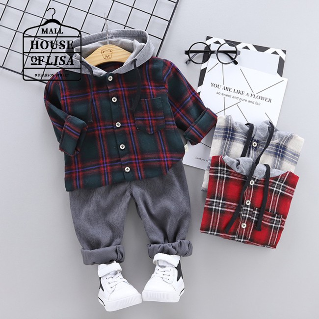 boy outfit clothing set boy clothing Boys Outfits Long Sleeves Plaid Hoodie+Solid Color Pants Leisure Clothing Suits 