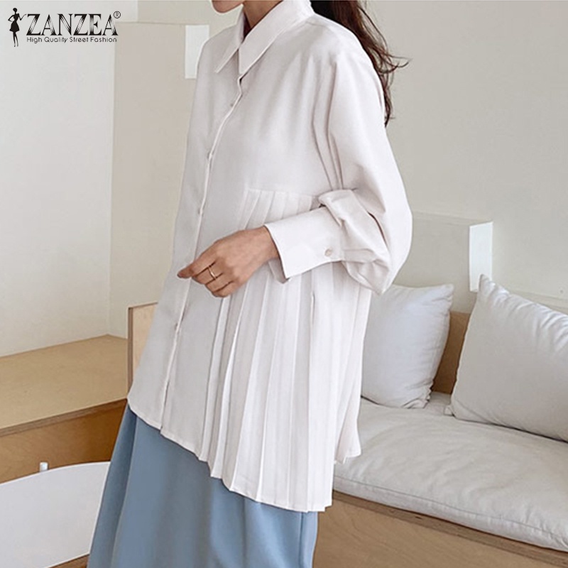 Áo kiểu ZANZEA cổ lật tay dài dáng rộng màu trơn phối xếp ly đơn giản phong cách Hàn Quốc thời trang dành cho nữ