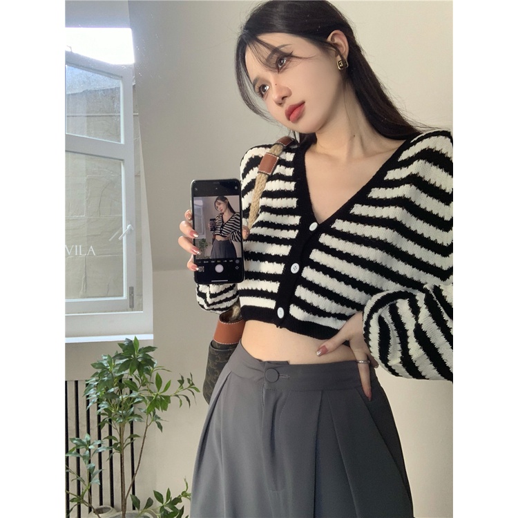 Porozi  Áo khoác cardigan dệt kim  cổ V tay dài họa tiết kẻ sọc phong cách thời trang Hàn Quốc cho nữ