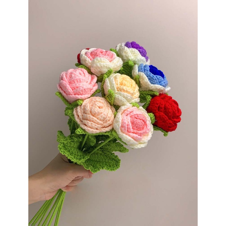 Cành hoa hồng đan móc len thủ công handmade nhiều màu dùng trang trí, làm quà tặng 8/3. 20/10, tặng mẹ, người yêu