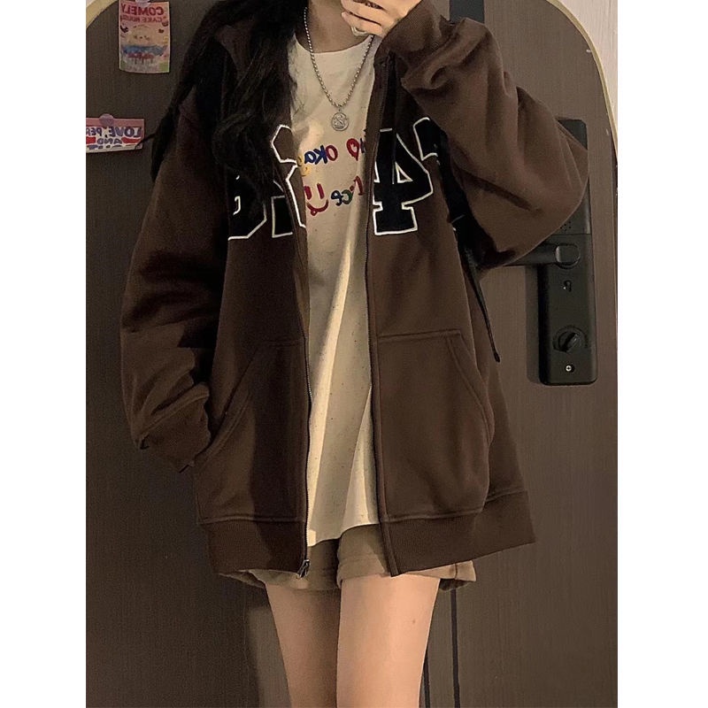 Áo Khoác Có Mũ Trùm Dáng Rộng Khóa Kéo Thời Trang Xuân Thu Mới