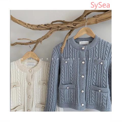 Áo Khoác Cardigan Dệt Kim Tay Dài Phối Nút Ngọc Trai Thanh Lịch