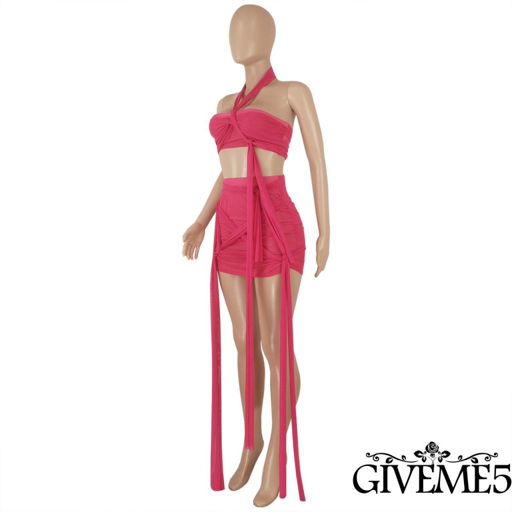 Set Đồ 2 Món Gồm Áo Lửng Hai Dây Màu Trơn Và Chân Váy Ngắn Lưng Cao Thắt Dây Thiết Kế Độc Đáo Cho Nữ