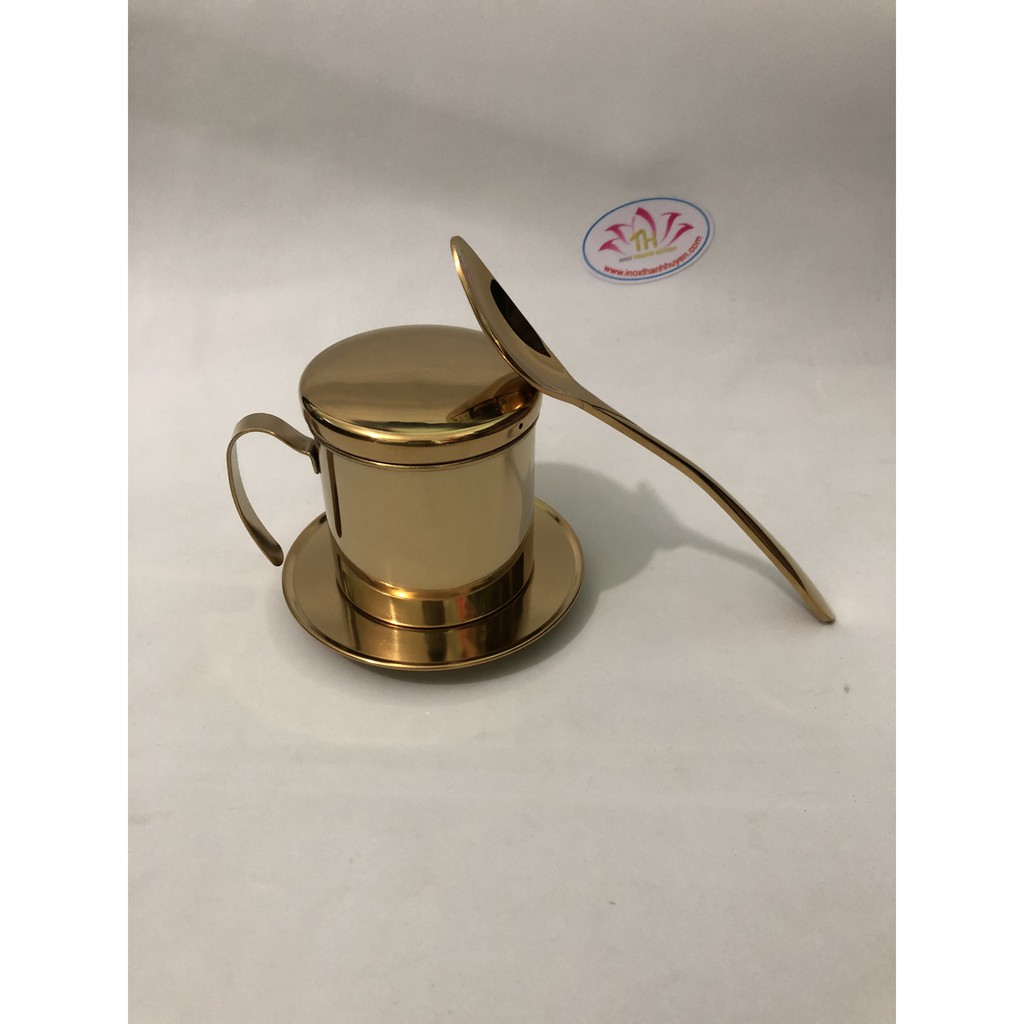 Bộ Phin cafe vàng titan inox 304 cao cấp sáng bóng gồm 1 muỗng 1 phin 6.5cm