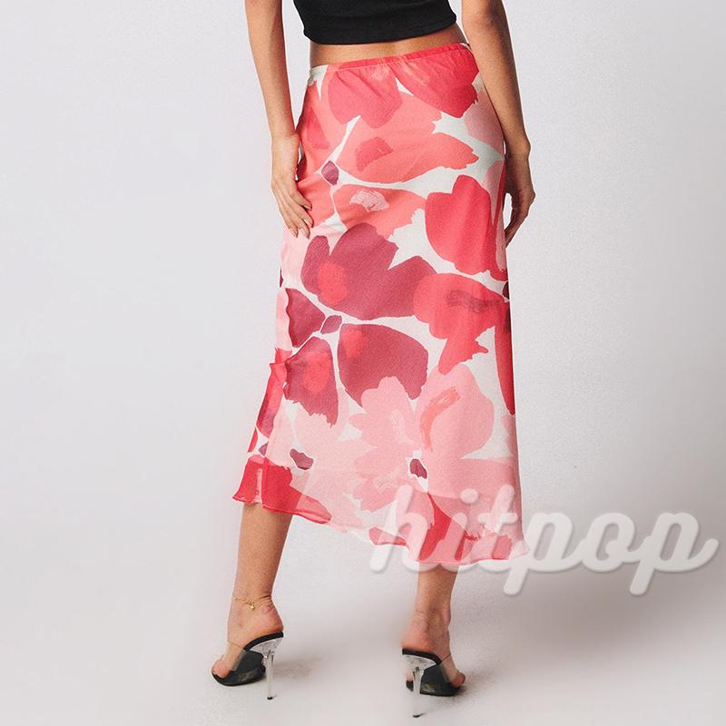 Hitpop-Women Fashion Mid-Length Skirt Leopard Floral Print Elastic Waist Skirt Summer Casual Chic Pencil Skirt