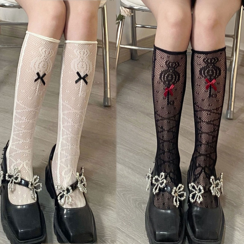 Xiangbao Vớ Cao Qua Gối Phối Ren Lưới Đính Nơ Phong Cách Harajuku Nhật Bản Ngọt Ngào Cho Nữ
