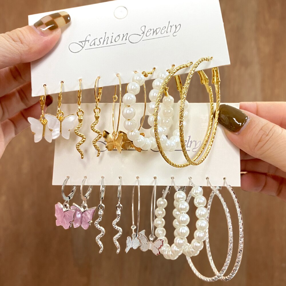 Set 5/6 đôi bông tai hình con rắn đính ngọc trai nhân tạo thời trang