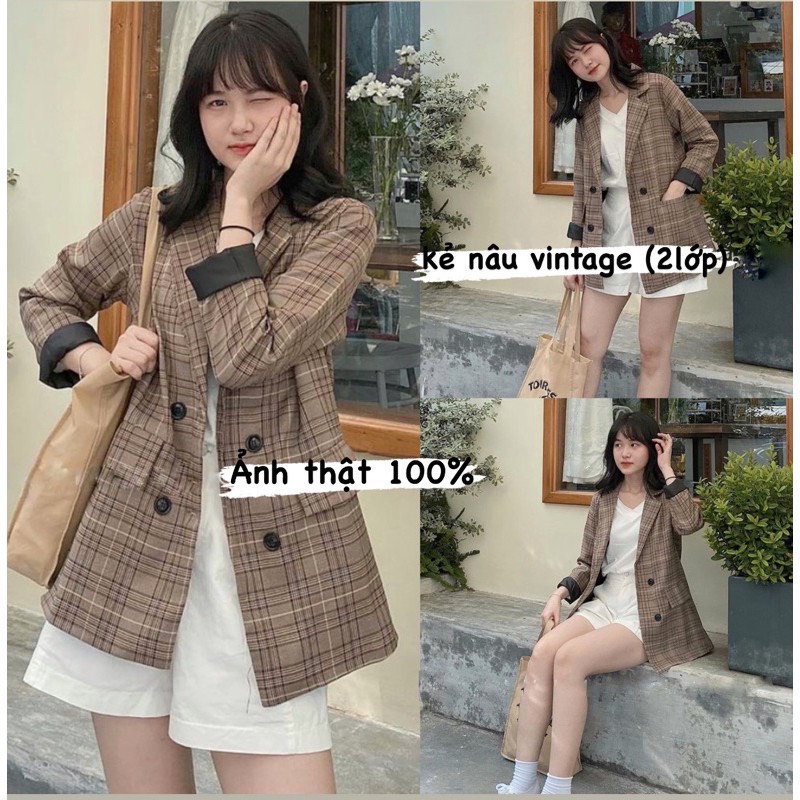 [ẢNH THẬT]Áo blazer màu Kẻ Nâu Tay sang chảnh trơn Khoác Dạ Dáng Dài - dáng suông rộng trượt vạt bầu dáng rộng- áo khoá