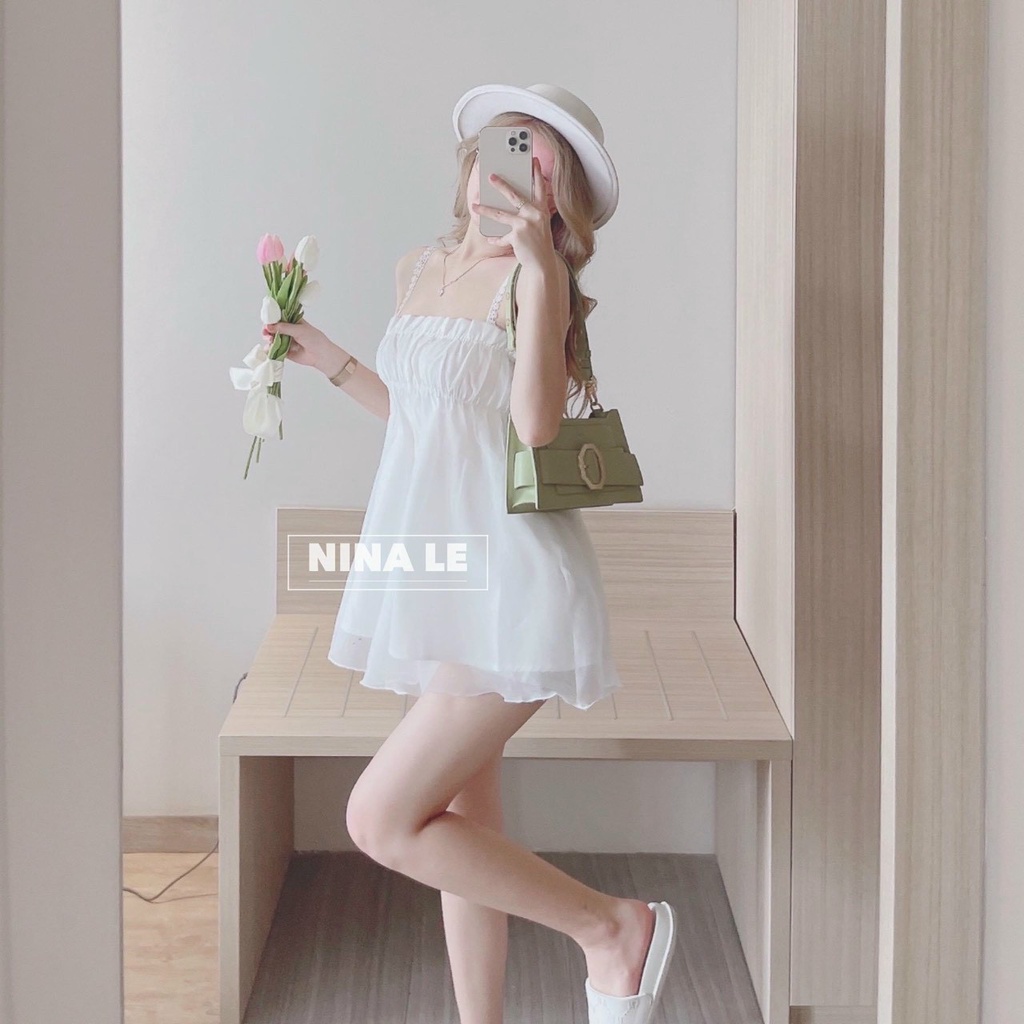 Set đồ nữ áo 2 dây chun ngực vải tơ voan kèm quần đùi sang chảnh
