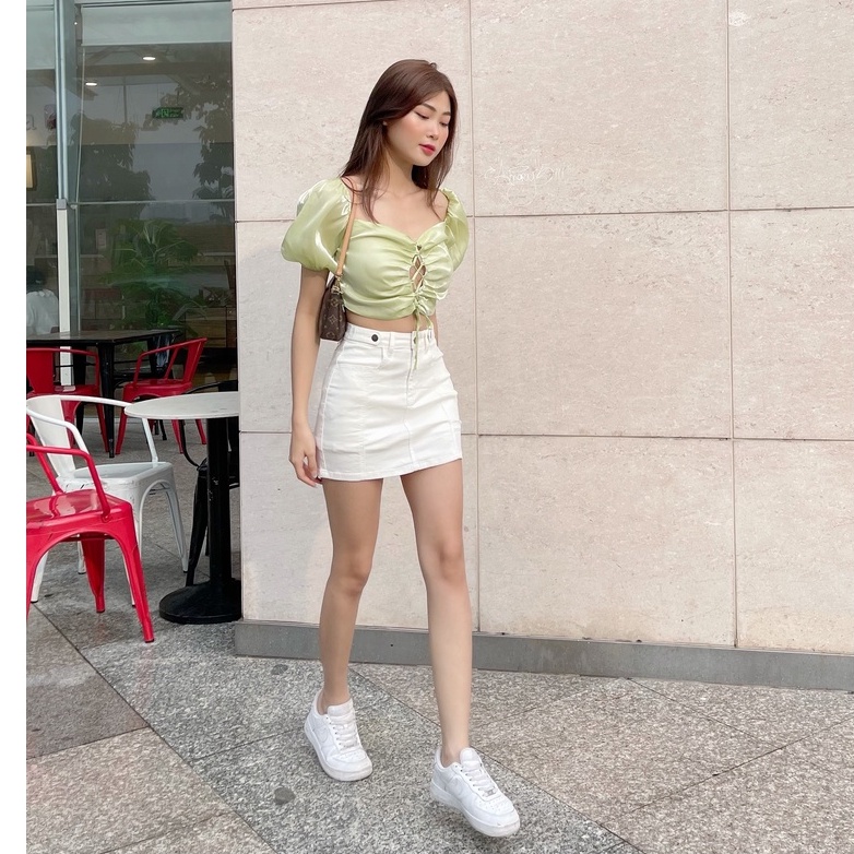 Áo croptop HEYBEE kiểu thắt dây, tay phồng, chất vải Organza mềm mát (2 màu) - JODIE TOP HT685