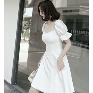 Đầm trắng cổ vuông form ngắn, váy dự tiệc, váy vintage (kèm hình thật)
