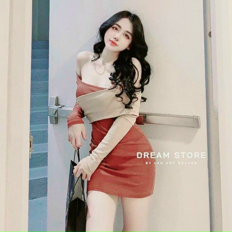 đầm tay dài phối tay 2 màu bẹt vai xinh na