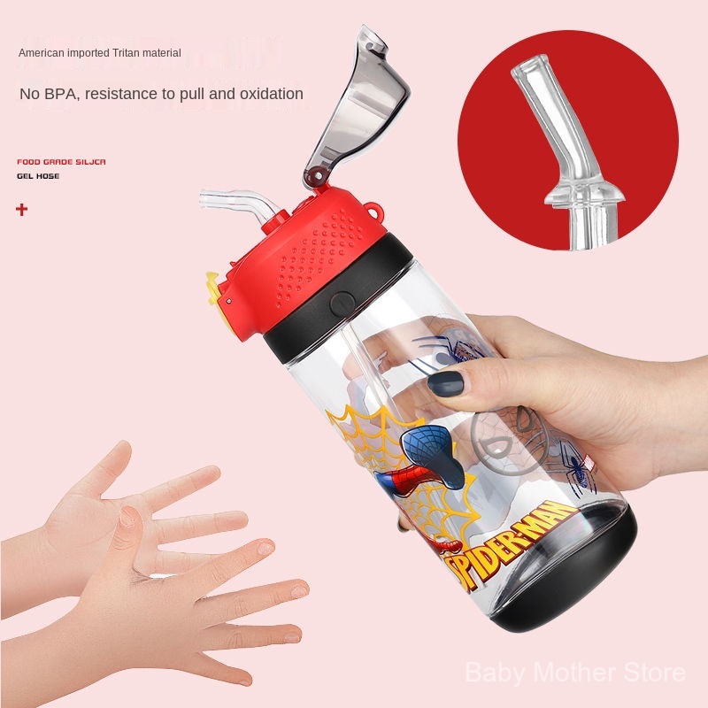 Bình Nước 350-600ml Họa Tiết Hoạt Hình Người Nhện Kèm Ống Hút Cho Bé