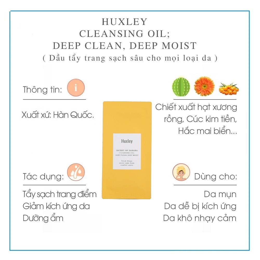 SAMPLE Dầu Tẩy Trang Làm Sạch Sâu Cho Da Nhạy Cảm Chiết Xuất Xương Rồng Huxley Cleansing Oil;Deep Clean,Deep Moist 3ml