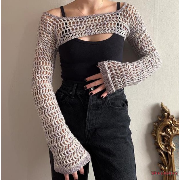 Áo Croptop Dệt Kim Tay Dài Thiết Kế Khoét Lỗ Phong Cách Vintage Thời Trang Đường Phố OKDK-y2k