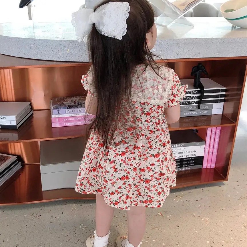 Váy đầm hoa nhí đỏ phối cổ ren trắng cho bé gái (N00749)