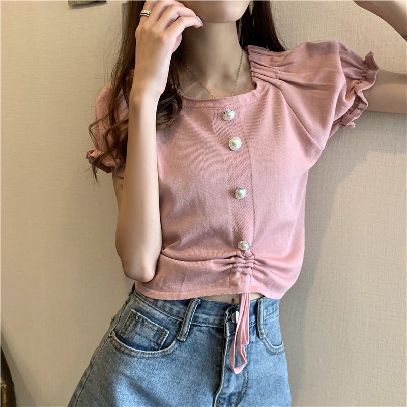 B&amp;G Áo Kiểu Vải Lụa Lạnh Xếp Ly Tay Phồng Phối Dây Rút Phong Cách Pháp Cổ Điển Thời Trang Mùa Hè Cho Nữ Áo phông Nữ JL-TX-124