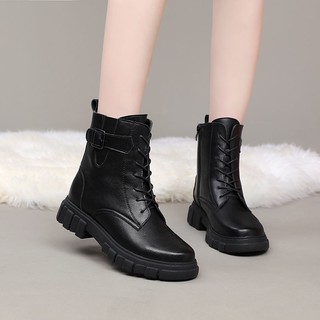 ❉۞❅Thu đông da Martin boots nữ đế bệt dày và bốt ngắn nhung, nữ, bệt, giày bông cho mẹ trung niên