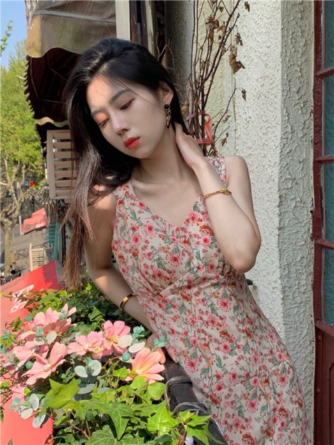 Đầm maxi hoa đuôi cá hai dây xẻ tà (CÓ SẴN) | BigBuy360 - bigbuy360.vn