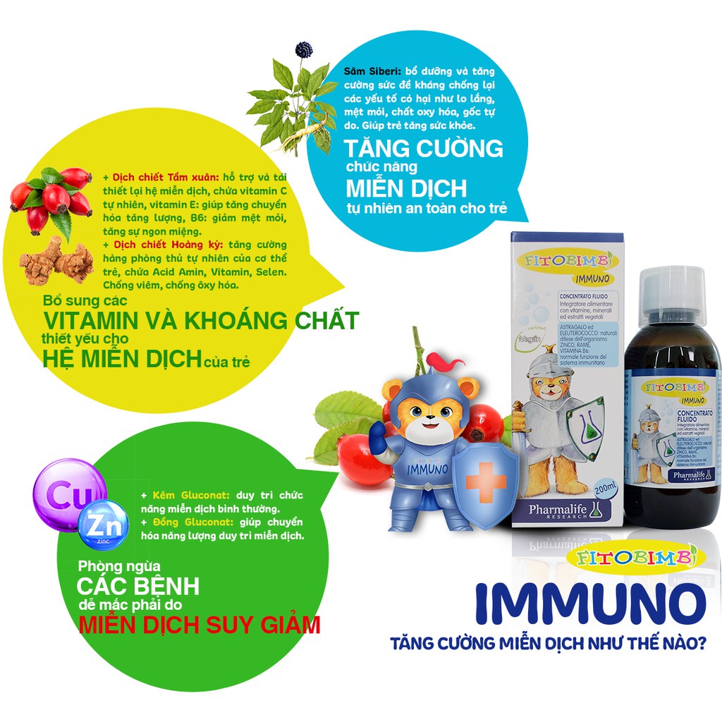 Fitobimbi Immuno, tăng sức đề kháng cho bé, tăng cường hệ miễn dịch, nâng cao sức đề kháng, hồi phục nhanh 200ml