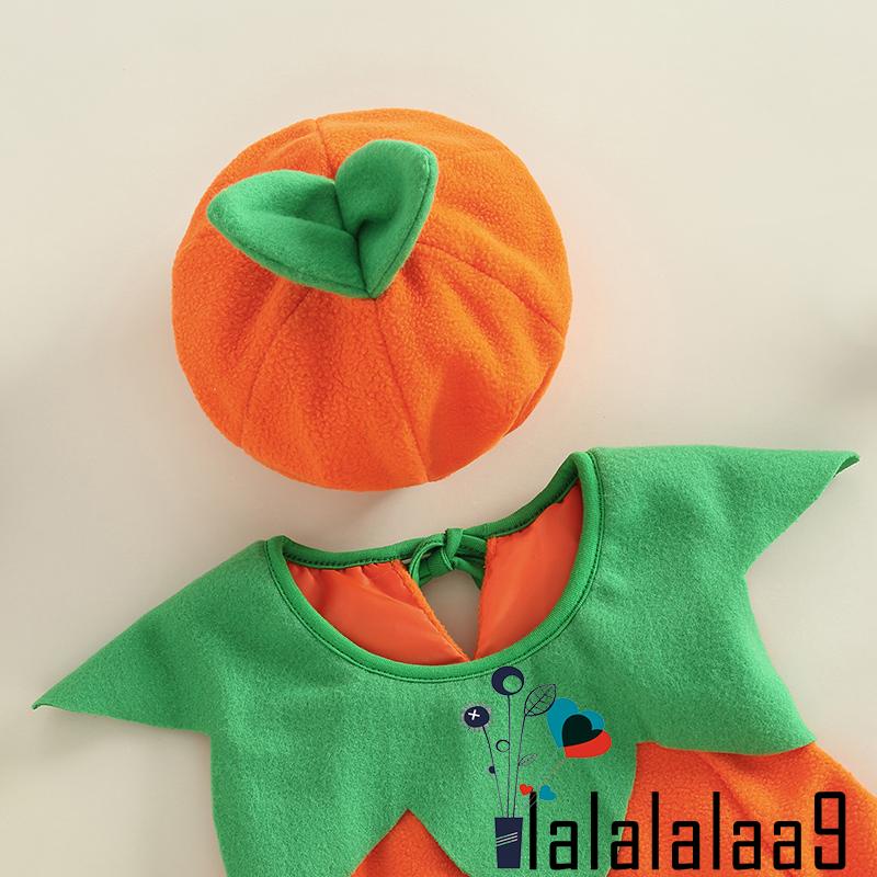La-baby Set Áo Liền Quần Cổ Tròn Không Tay Hình Bí Ngô + Mũ + Giày Cho Bé