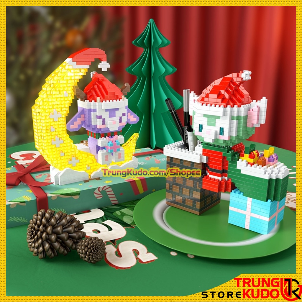 Mô hình Thỏ Gấu Noel có nhạc và đèn phiên bản thỏ Stella Lou giáng sinh dạng đồ chơi xếp hình làm quà, đồ decor