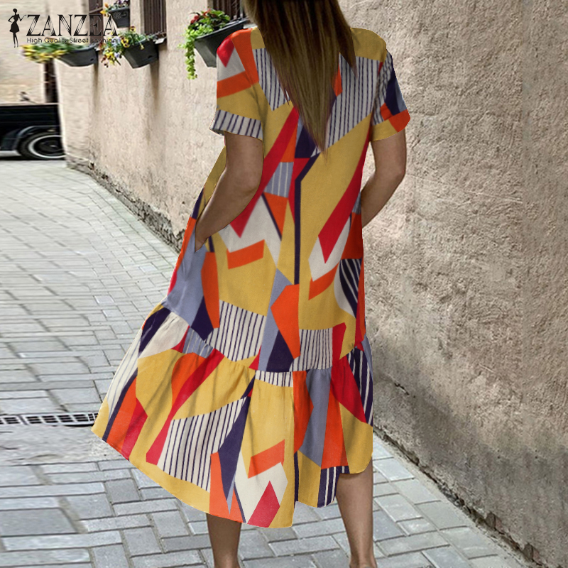 Đầm midi Zanzea tay ngắn in họa tiết hình học thời trang dành cho nữ