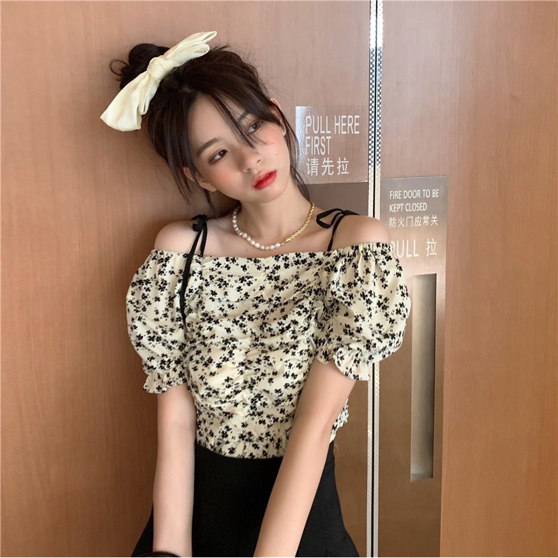 ORDER Áo sơ mi hoa nhí cách điệu tiểu thư tay phồng cổ điển dây buộc croptop dễ thương thời trang