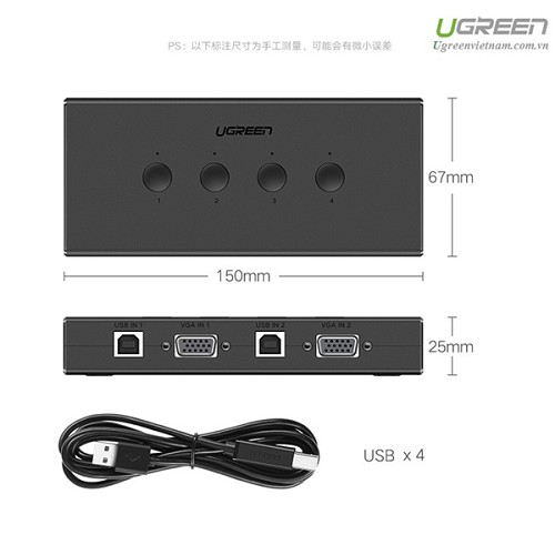 KVM Switch 4 port USB - Thiết bị 4 máy tính dùng 1 màn hình chính hãng Ugreen 50280 cao cấp