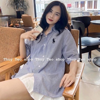Áo sơ mi nữ, áo sơ mi kẻ cộc tay, áo thêu chữ cổ đức form rộng