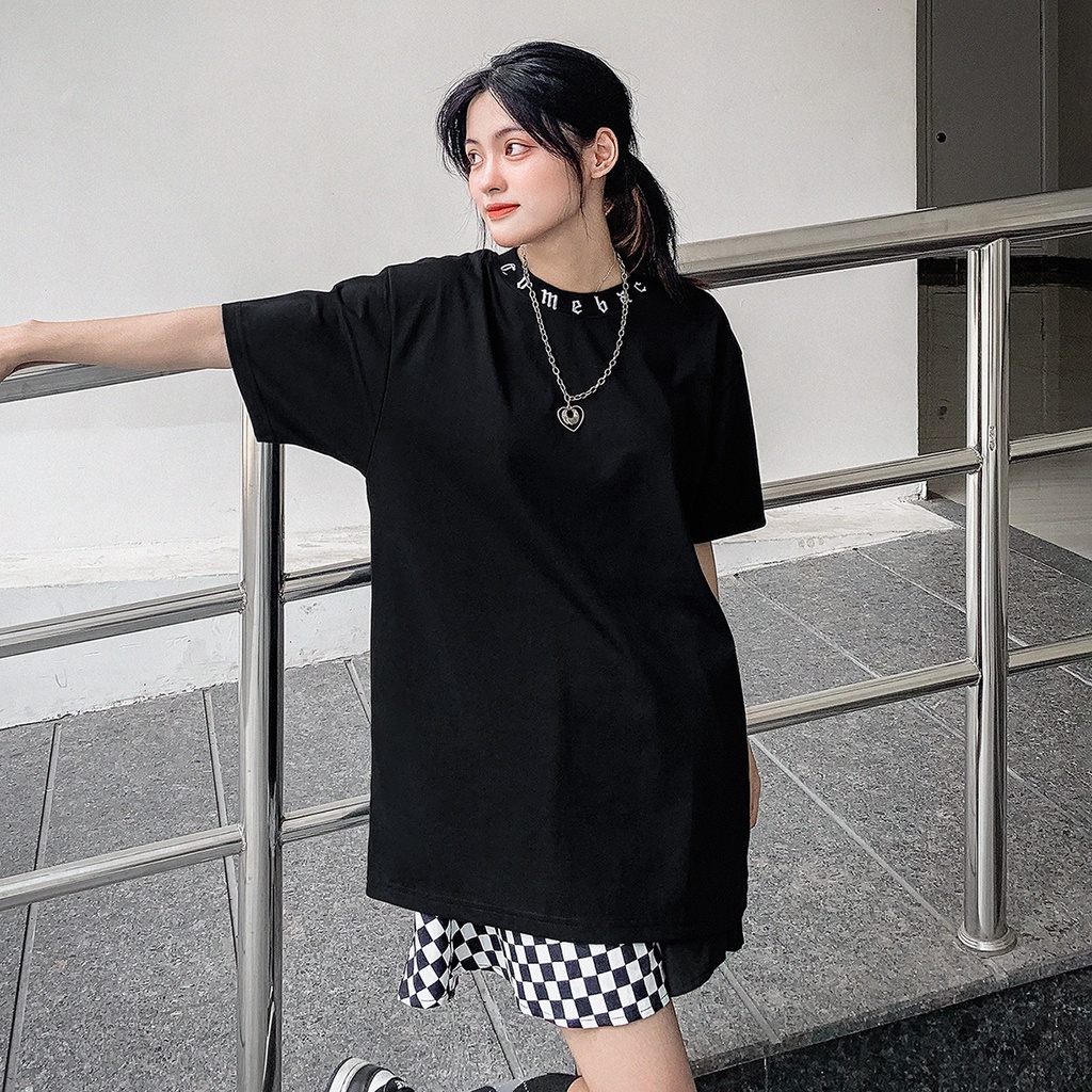 Áo Thun Đen Trơn Viền Cổ Thêu Chữ Comeback Màu Đen Chất Liệu 100% Cotton Form Rộng Thoải Mái Unisex