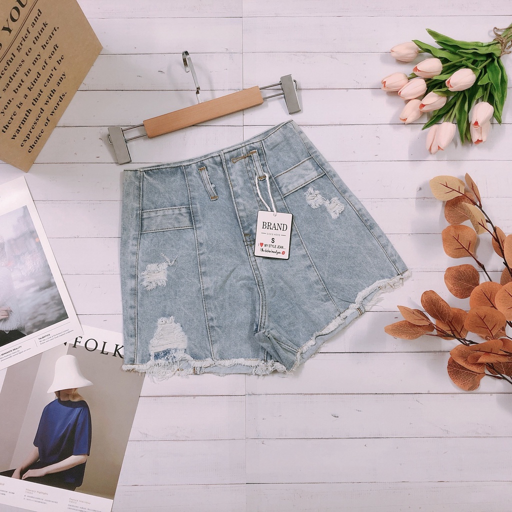 Quần short jean nữ JohnsonLi, lưng cao phối rách denim cotton, rin ngắn phối rách JL 01