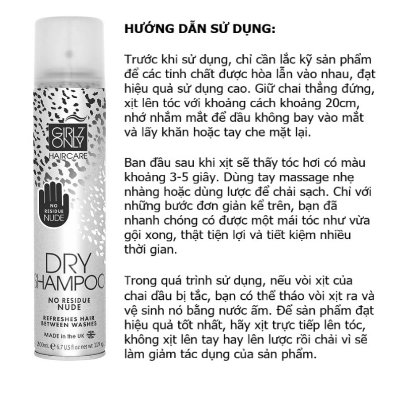 [Nhập khẩu chính hãng] Dầu gội khô Only Girl 200ml loại bỏ bụi bẩn, dầu nhờn trên tóc nhanh chóng giúp tóc bồng bềnh