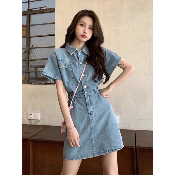 Jum váy jean tay ngắn dáng ngắn