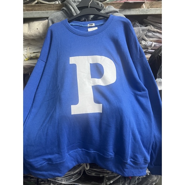 Áo Sweater Xanh Chữ P Unisex [FREESHIP] Nỉ form rộng tay phồng kiểu dáng thể thao đường phố hàn quố