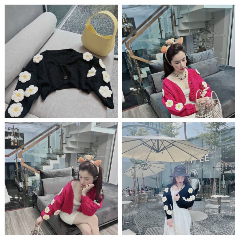 SP 1547❤️Áo cardigan len đính hoa nổi hai màu đen-hồng style Hàn Quốc trẻ trung sang chảnh - có buôn sỉ