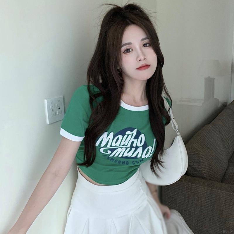 Áo thun croptop ngắn tay cổ tròn màu sắc tương phản phong cách Hàn Quốc thời trang hè cho nữ
