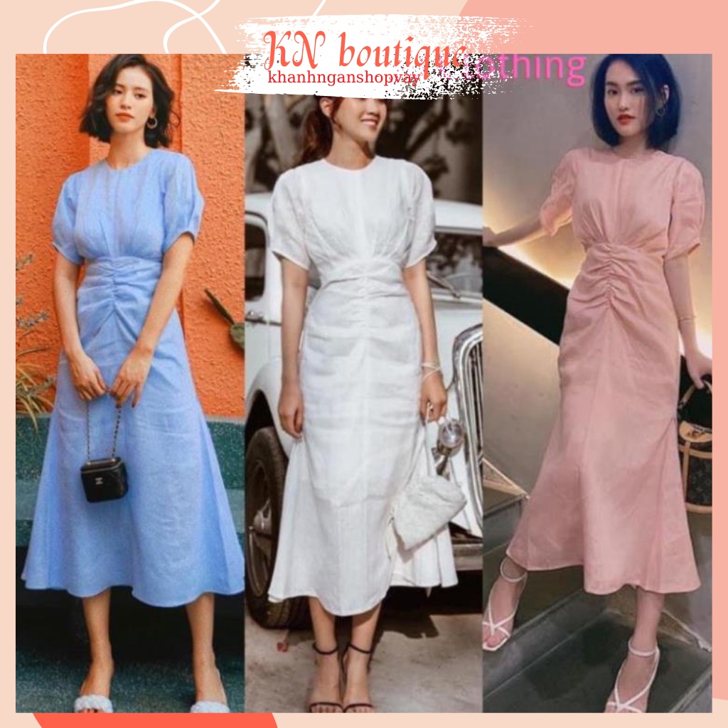 Đầm dự tiệc trắng nhíu eo tay phồng váy dự tiệc cưới sang trọng đầm nữ công sở trẻ trung năng động KhanhNgan