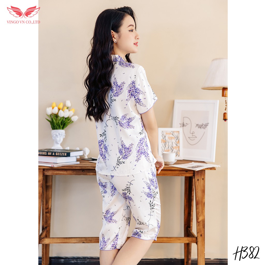 Đồ bộ nữ Pijama mặc nhà VINGO lụa Pháp cao cấp tay xộc quần lửng mùa Hè hoa Lavender tím nền trắng nhã nhặn H382 VNGO