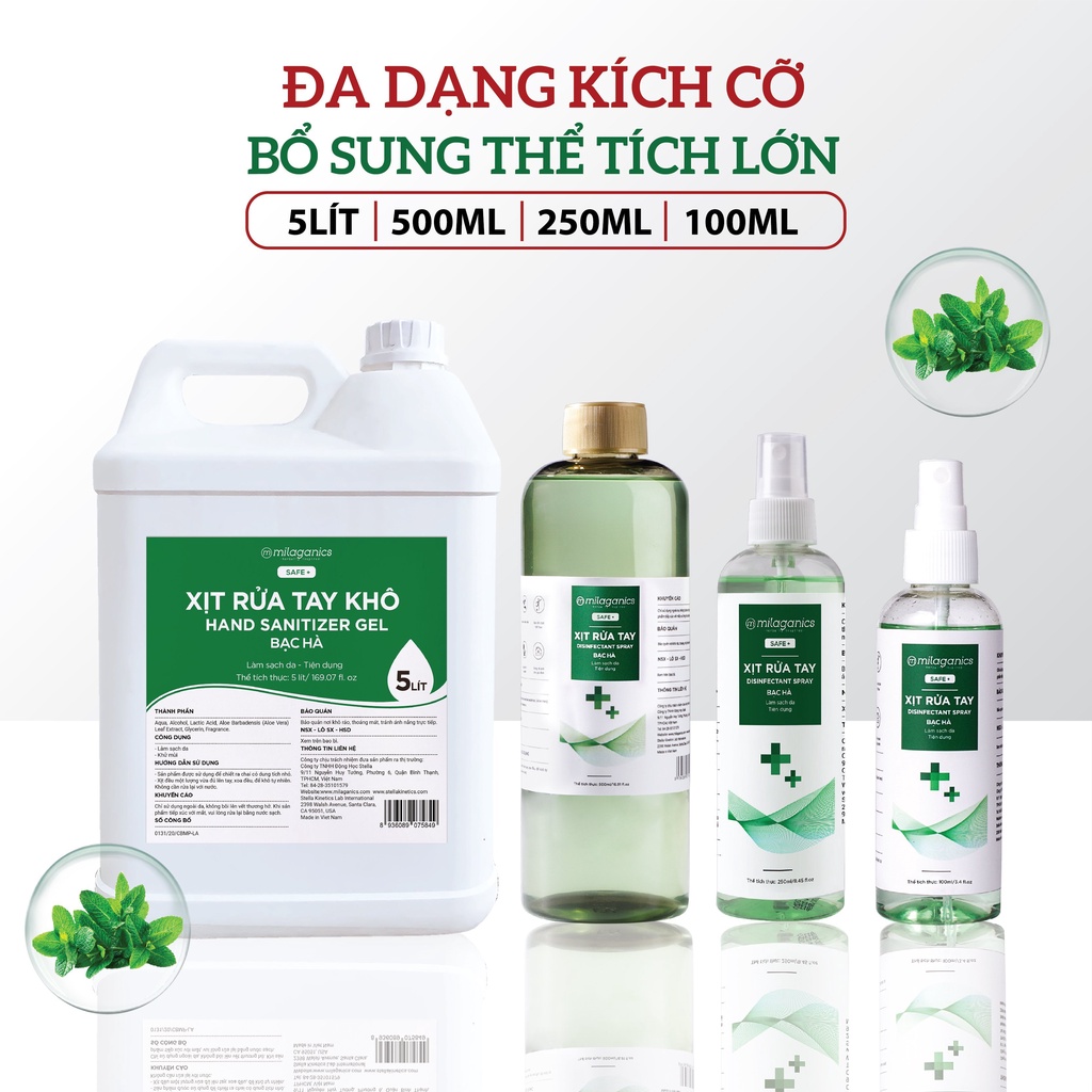 (BÁN SỈ - SIZE 5 LIT) Xịt Kháng Khuẩn Bạc Hà, Xịt Diệt Khuẩn Làm Sạch Vượt Trội, Không Gây Khô Da MILAGANICS 5 Lit (Can)