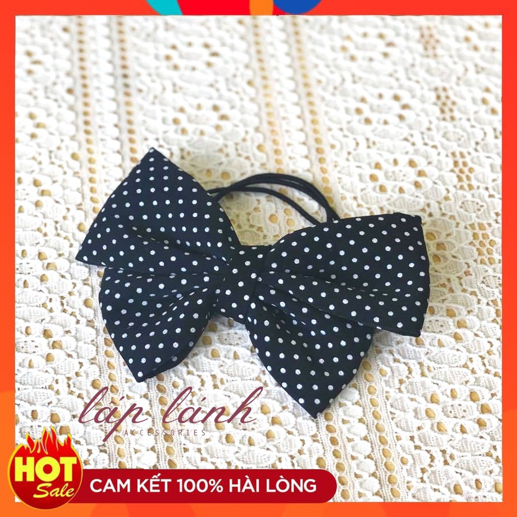 [Ảnh thật] Cột tóc nơ chấm bi đỏ đen phong cách tiểu thư Hàn Quốc size vừa