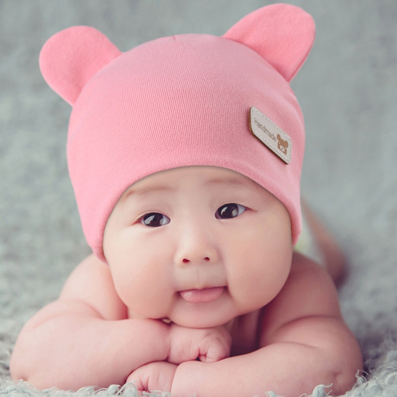 Mũ Beanie Cotton Màu Trơn Co Giãn Đính Tai Gấu Dễ Thương Cho Bé Sơ Sinh 0-6 Tháng Tuổi