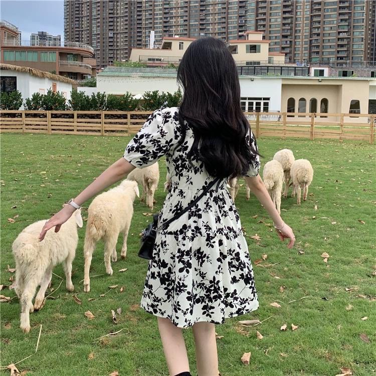 Đầm Tay Ngắn Cổ Chữ V Dáng Chữ A Họa Tiết Hoa Xinh Xắn