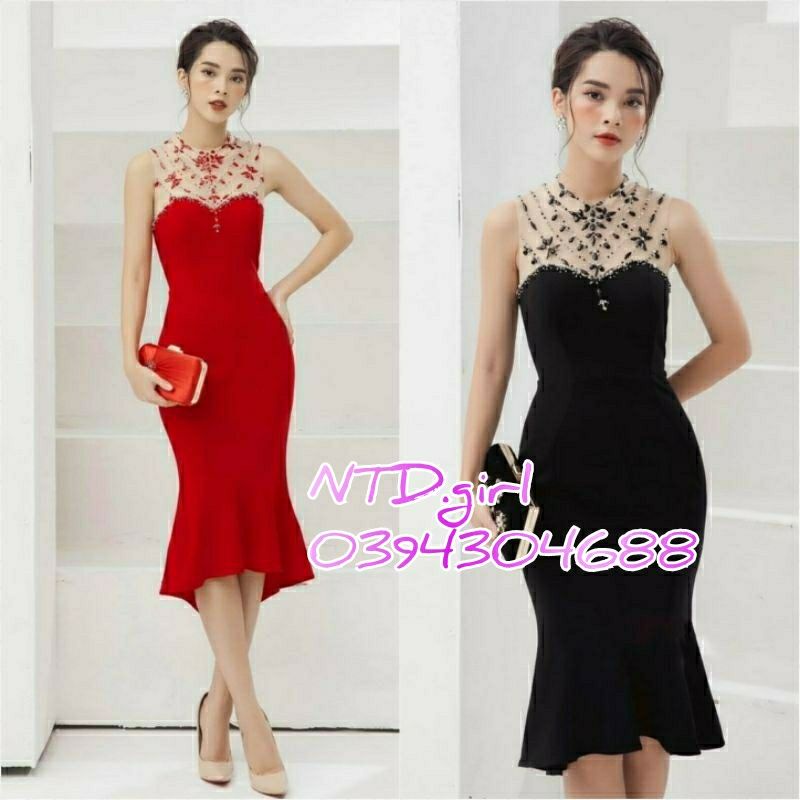 Thiết kế - Đầm dáng ôm phối vai ren kết hạt, váy dự tiệc đuôi cá