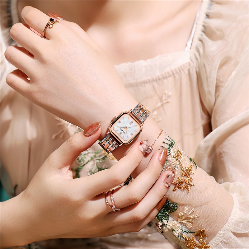 Đồng Hồ Đeo Tay Máy Quartz Mặt Vuông Dây Thép Không Gỉ Thời Trang Cho Nữ
