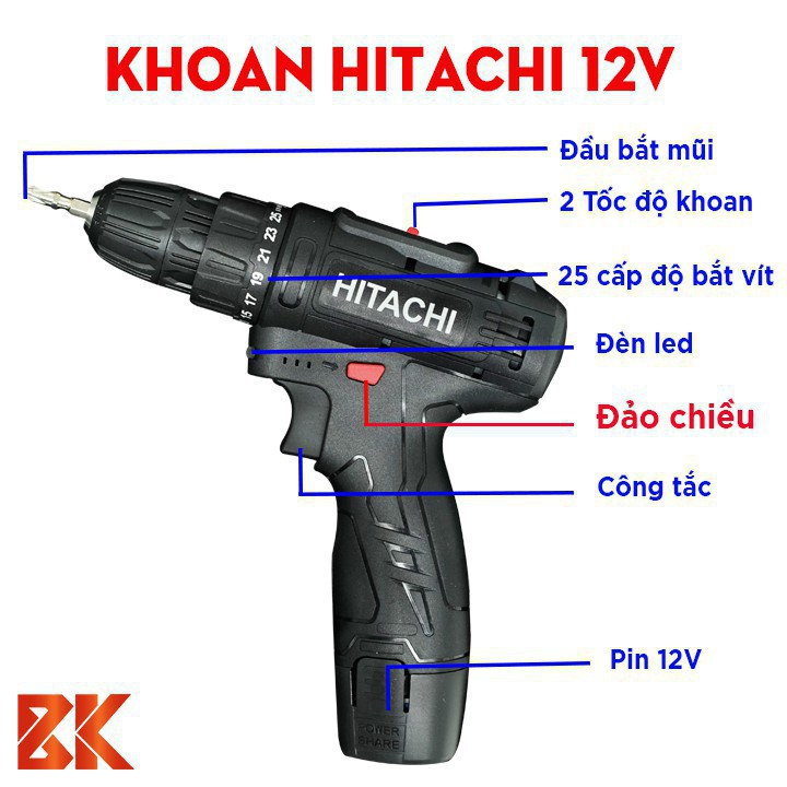 [Chinh Hang] Máy khoan tay bắt vít HITACHI pin 12V 2 pin, Máy khoan pin 12v