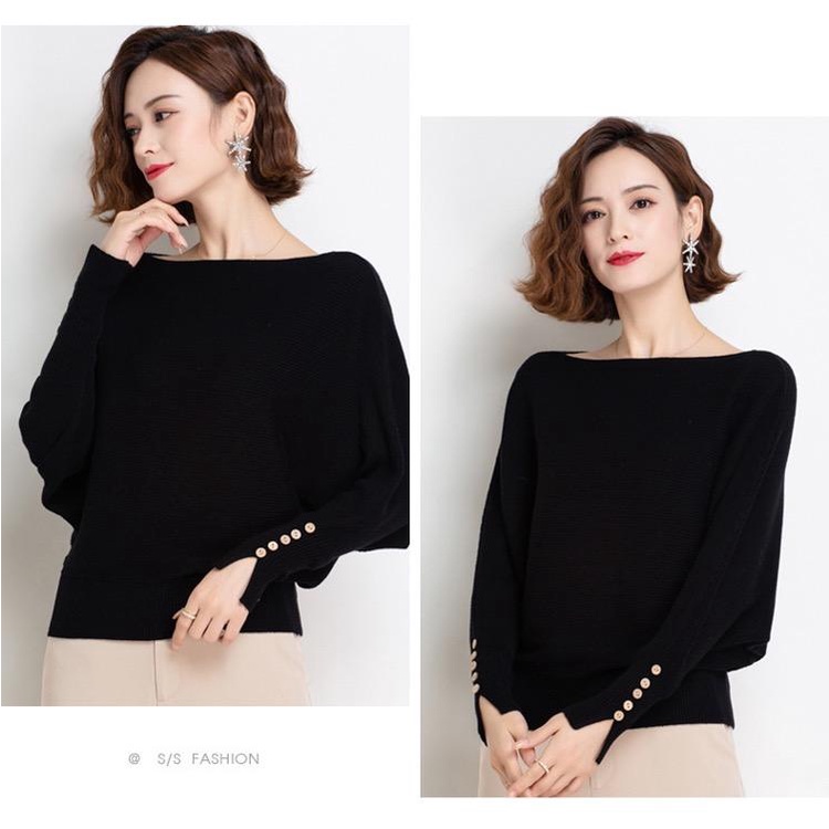 Áo len nữ Quảng Châu cánh dơi tay khuy bo gấu thanh lịch freesize MS842