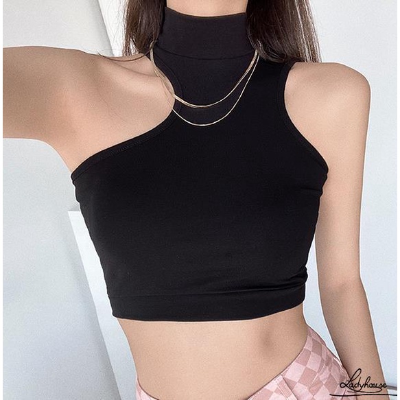 Áo Croptop Không Tay Cổ Cao Màu Sắc Đơn Giản Cho Nữ