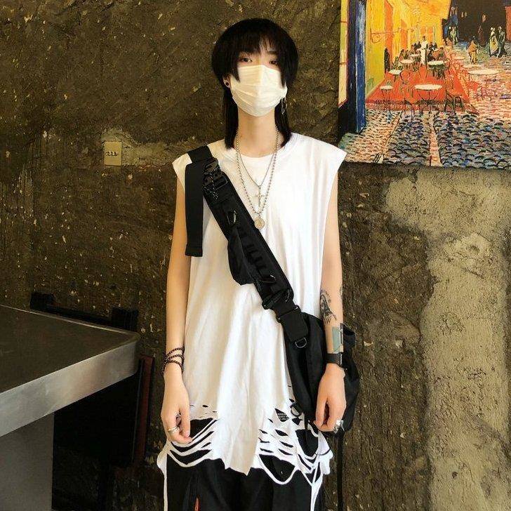 Áo Thun Sát Nách Dáng Rộng Phối Rách Kiểu Harajuku Cá Tính Cho Nam Và Nữ