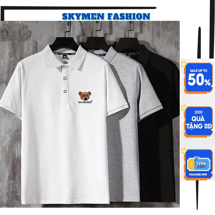 Áo thun polo nam có cổ tay ngắn thêu gấu phong cách hàn quốc